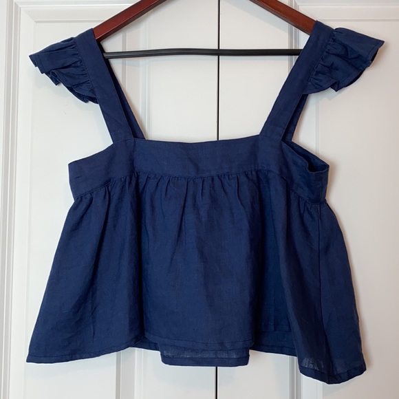Square Neck Linen Cropped Ruffle Detail Sleeveless Navy Top Size XS - Picture 5 of 6